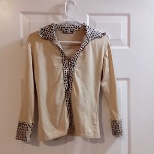 Beige Long Sleeve Top with Patterned Trim